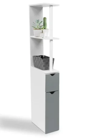 Meuble de toilette blanc et gris avec étagères Nouvelle Collection