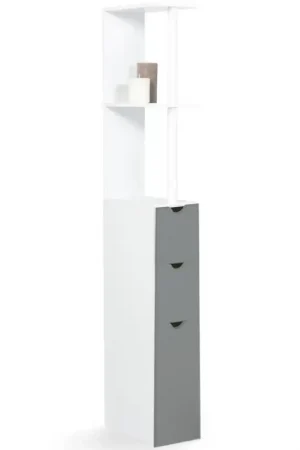 Meuble de toilettes étagère bois 3 portes blanc et gris Nouveauté