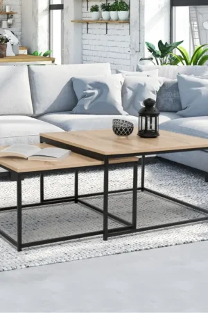Meilleure Vente Lot de 2 tables basses gigognes industrielles 70x70cm et 60x60 cm