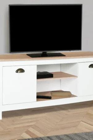 Meuble télé design blanc 2 portes avec étagères Prix Choc