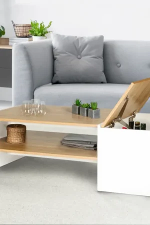 Retour Gratuit Table basse avec rangement bar 110 cm bois imitation hêtre et blanc