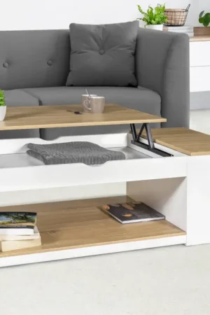 Table de salon avec plateau relevable bois blanc et façon hêtre Haute Qualité