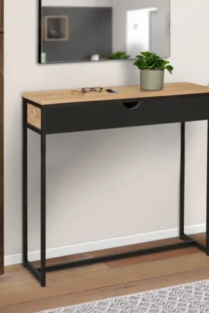 Expédié Aujourd'hui Console style industriel bois et métal 90 cm avec tiroir