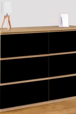 Commode 6 tiroirs noire et bois façon hêtre 110x80cm Meilleur Prix