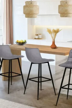 Offre Exclusive Lot de 4 tabourets gris clair en velours matelassé