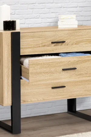 Marque Commode 3 tiroirs design bois et pieds noir
