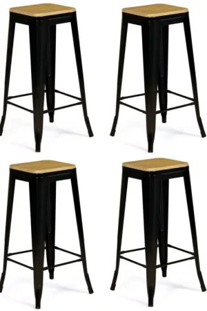 Quantité Limitée Tabourets de bar bois et métal noir empilables x4