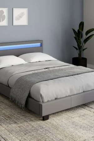 Lit 2 places avec LED 140x190 cm gris Remise