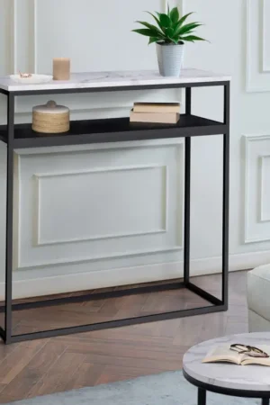 Console imitation marbre et bois noir pied métal Paiement Sécurisé