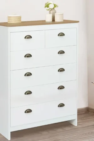 Commode style campagne chic 6 tiroirs blanche et bois Expédié Aujourd'hui