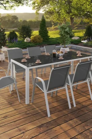 Marque Salon de jardin blanc et gris avec 8 chaises empilables