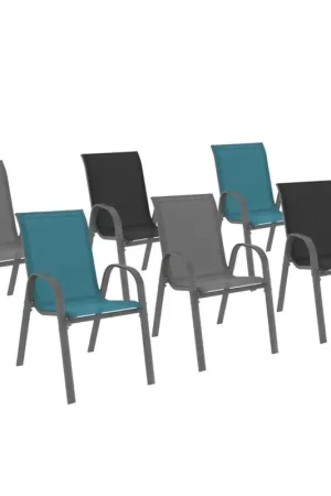 Certifié Lot de 6 chaises de jardin empilables en métal gris, noir et bleu et textilène