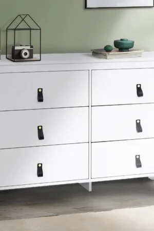 Paiement Sécurisé Commode blanche 6 tiroirs avec poignées effet cuir noir