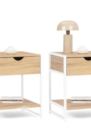 Prix Promo Lot de 2 tables de chevet métal blanc et bois