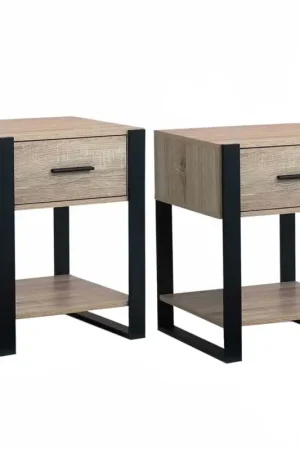 Prix Réduit Tables de nuit industrielles bois et noir 1 tiroir