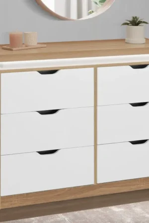 Must-Have Commode LED blanche et plateau bois 6 tiroirs