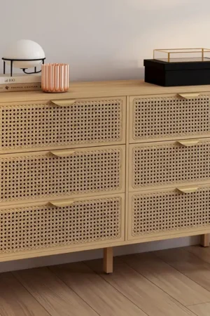 Expédié Aujourd'hui Commode cannage coloris bois avec 6 tiroirs