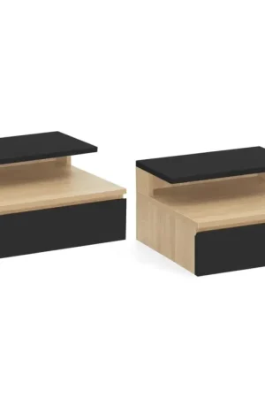 Tables de chevet murales bois façon hêtre et noires avec tiroir et tablette Offre Exclusive