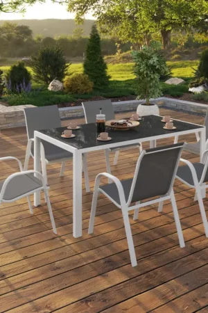 Authentique Salon de jardin 6 places avec table en verre trempé et chaises empilables