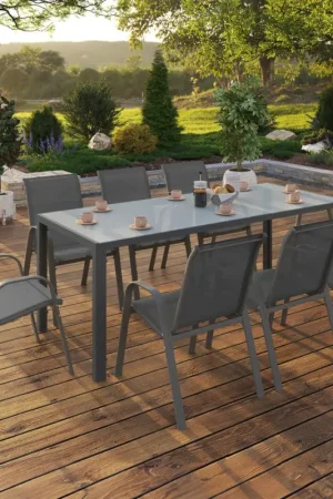 Prix Cassé Salon de jardin gris anthracite table 190 cm et 8 chaises empilables