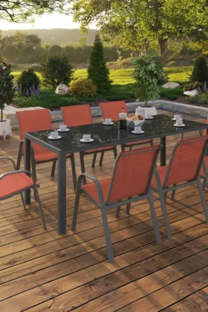 Salon de jardin table 190cm et 8 chaises empilables terracotta Offre Exclusive