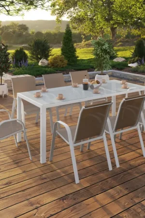 Expédition Rapide Salon de jardin blanc et beige table 190 cm et 8 chaises empilables