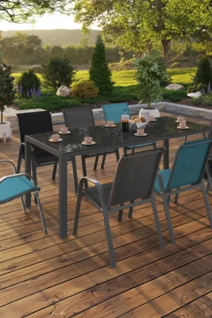 Expédié Aujourd'hui Salon de jardin mix color bleu, gris et noir table 190 cm et 8 chaises empilables