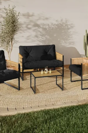 Populaire Salon de jardin bas 4 places acier noir, cordage rotin clair et coussins noir