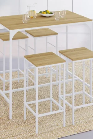 Commande En Gros Table haute avec 4 tabourets métal blanc et bois style industriel