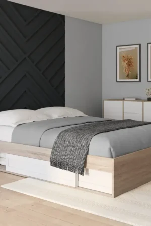 Cadre de lit avec rangements et sommier bois et blanc 160x200 cm Offre Du Jour