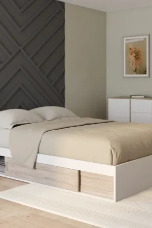 Cadre de lit 140x190 cm avec sommier et rangements blanc et bois façon hêtre Affaire À Saisir