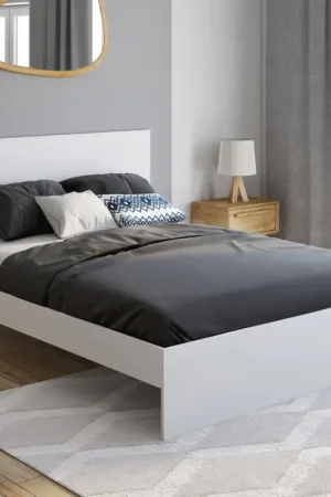 Top Vente Lit double 140x190 cm avec tête de lit et sommier blanc