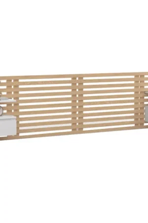 Tête de lit 240 cm en lattes de bois avec chevets et étagères blanches Nouvelle Collection