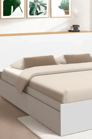 Satisfait Ou Remboursé Tête de lit sur pied extensible blanc et façon bois avec chevets