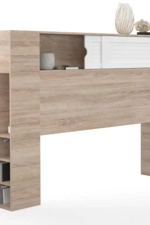 Tête de lit bois et blanc 145 cm avec rangements fermés et niches Offre Exclusive