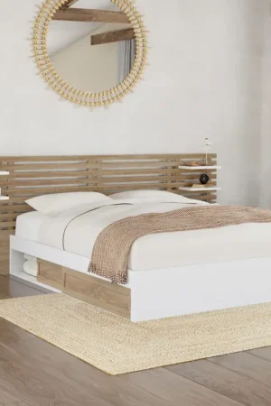 Jusqu'à Épuisement Des Stocks Lit double 140x190 blanc et hêtre avec rangement, tête de lit et chevets