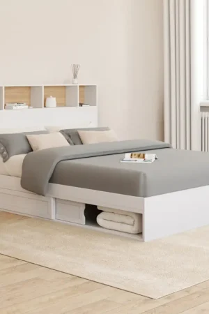 Lit 140x190 avec rangements blanc et hêtre et tête de lit Seulement Aujourd'hui
