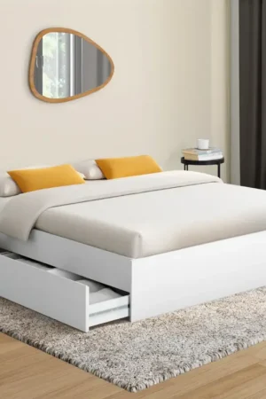 Cadre de lit double 140x190 blanc avec 4 tiroirs et sommier Pas Cher