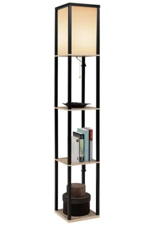 Soldes Lampadaire industriel en bois noir avec étagères bois clair et abat-jour blanc