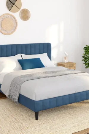 Lit 140x190 cm velours bleu avec tête de lit et sommier Expédition Rapide