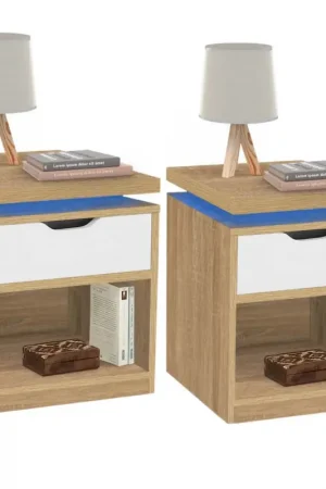 2 tables de chevet à LEDS tiroir et niche bois façon hêtre et blanc Paiement Sécurisé