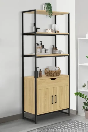 Meilleure Vente Meuble de rangement design industriel salle de bain avec 3 étages 1 placard 1 tiroir