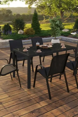 Offre Exclusive Salon de jardin avec table 150 cm et 6 chaises empilables noir et acier
