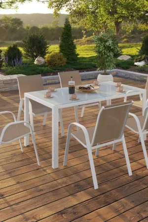 Pas Cher Salon de jardin 6 personnes chaises empilables blanc et beige table 150 cm