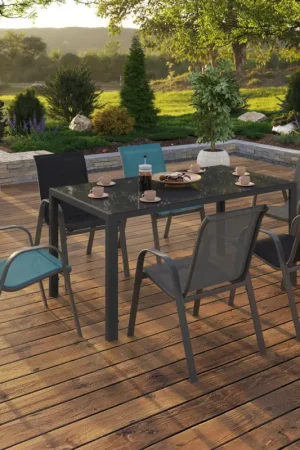 Solde Salon de jardin avec table 150 cm et 6 chaises empilables mix color et acier
