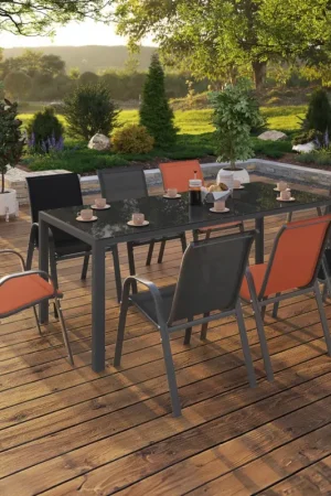Populaire Salon de jardin 8 chaises empilables mix color gris, noir et terracotta et table 190 cm