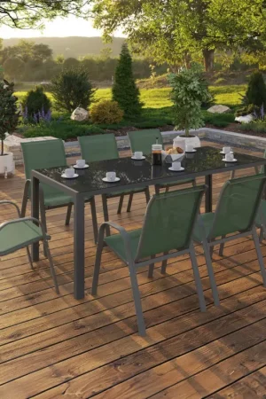 Salon de jardin vert olive avec table 190 cm et 8 chaises empilables Acheter En Ligne