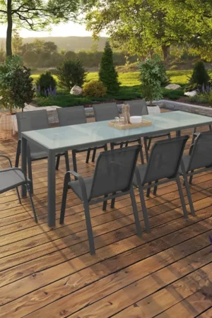 Achetez Aujourd'hui Salon de jardin 10 personnes table 240 cm plateau clair et chaises empilables gris anthracite