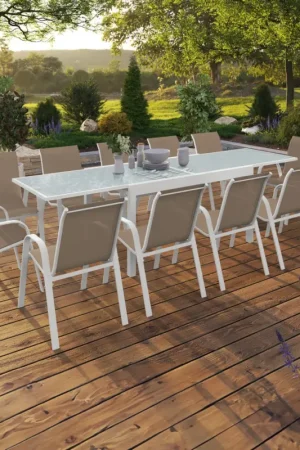 Super Prix Salon de jardin avec table extensible 135-270 cm et 12 chaises empilables blanc et beige