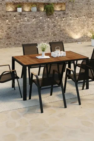 Pas Cher Salon de jardin noir et bois avec table 150 cm plateau verre trempé effet bois et 6 chaises empilables